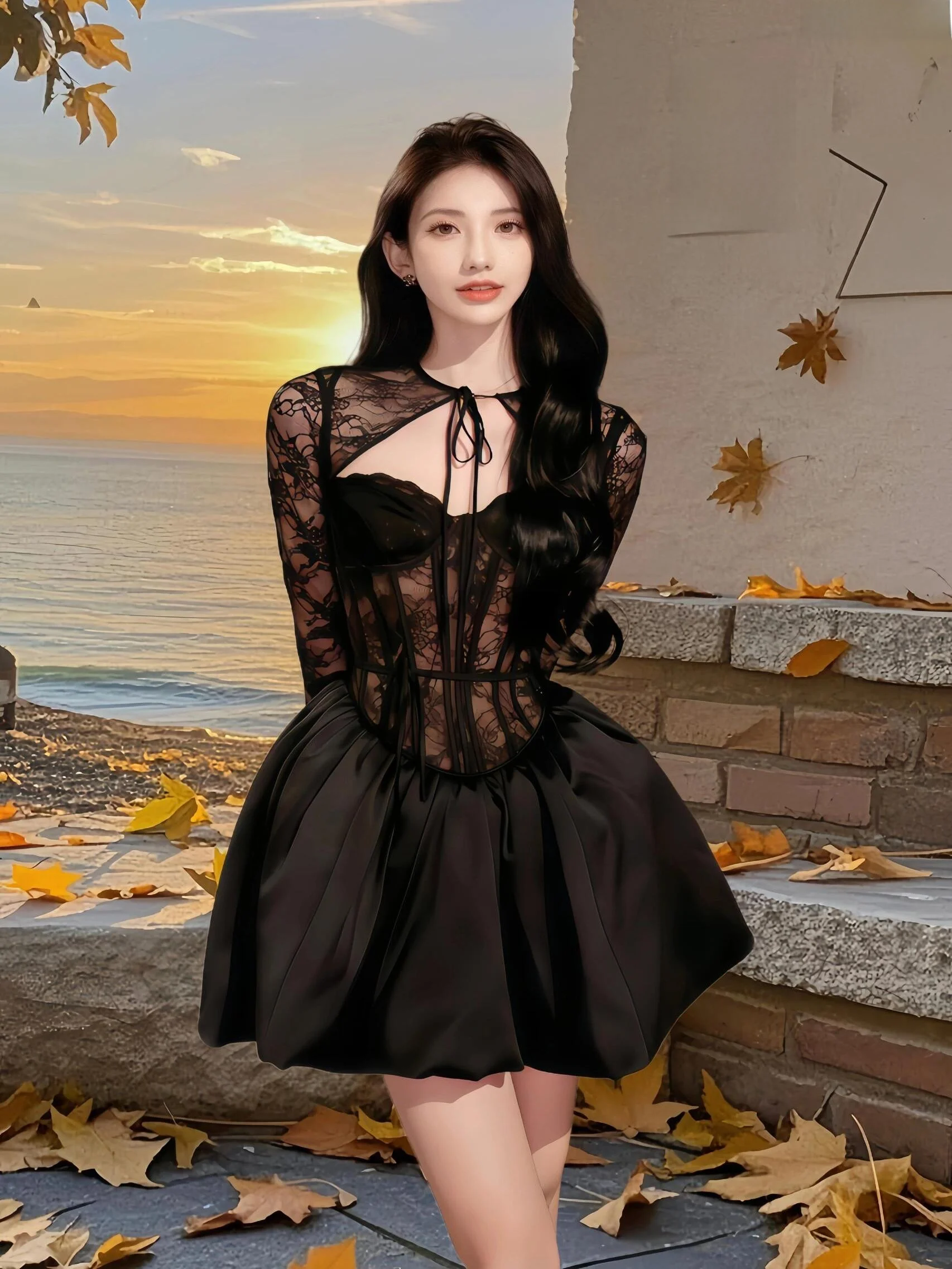 고급 레이스 피본 슬리밍 드 블라 퍼피 스커트 드 롱 스웨이드 하이 웨이스트 디자인 웨딩 데이트용