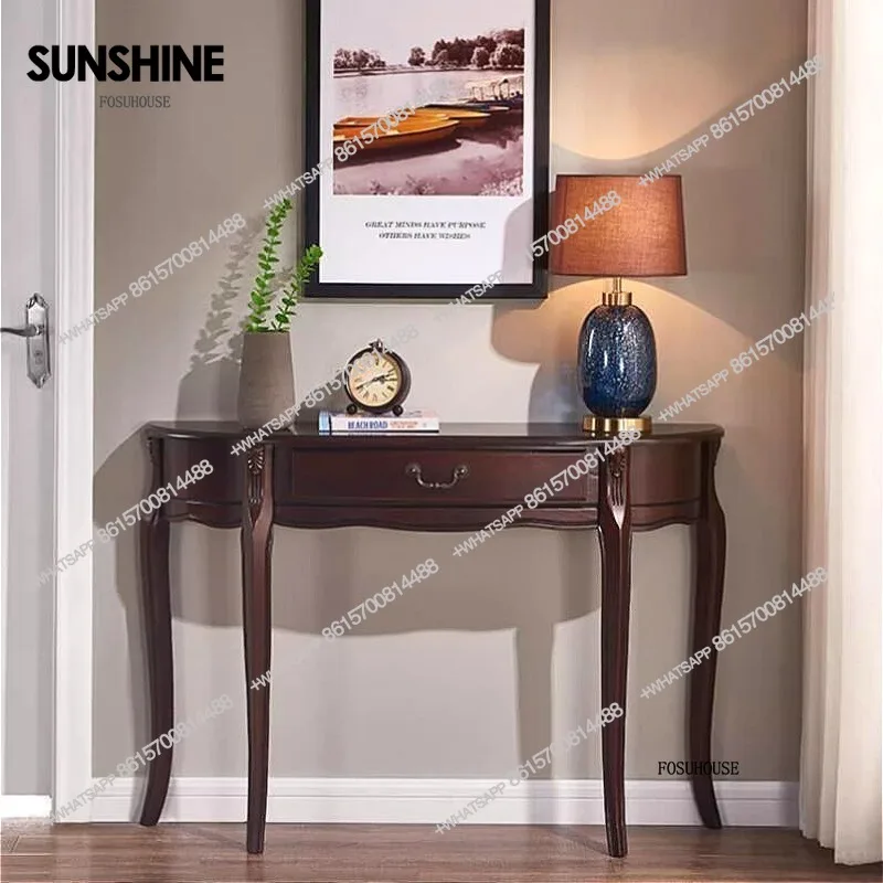 

Solid Wood Entrance Console Table Semi-circular with Drawer Entrance Tables European Corridor Decorative Home Furniture