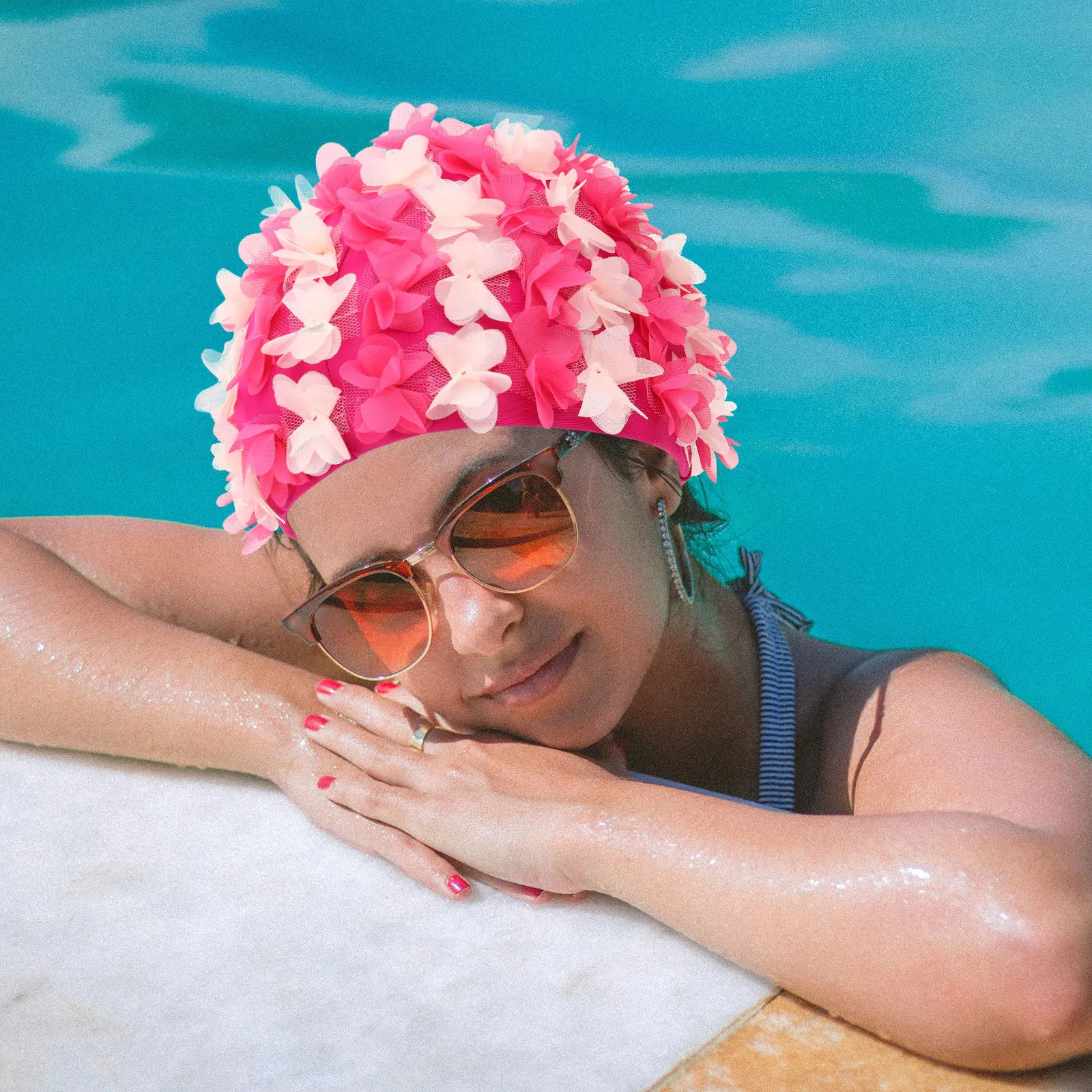 

Retro Bath Hat Floral Petals Swim Caps Women Nylon Swimming Lightweight Durable Comfortable Hair Protection Beach