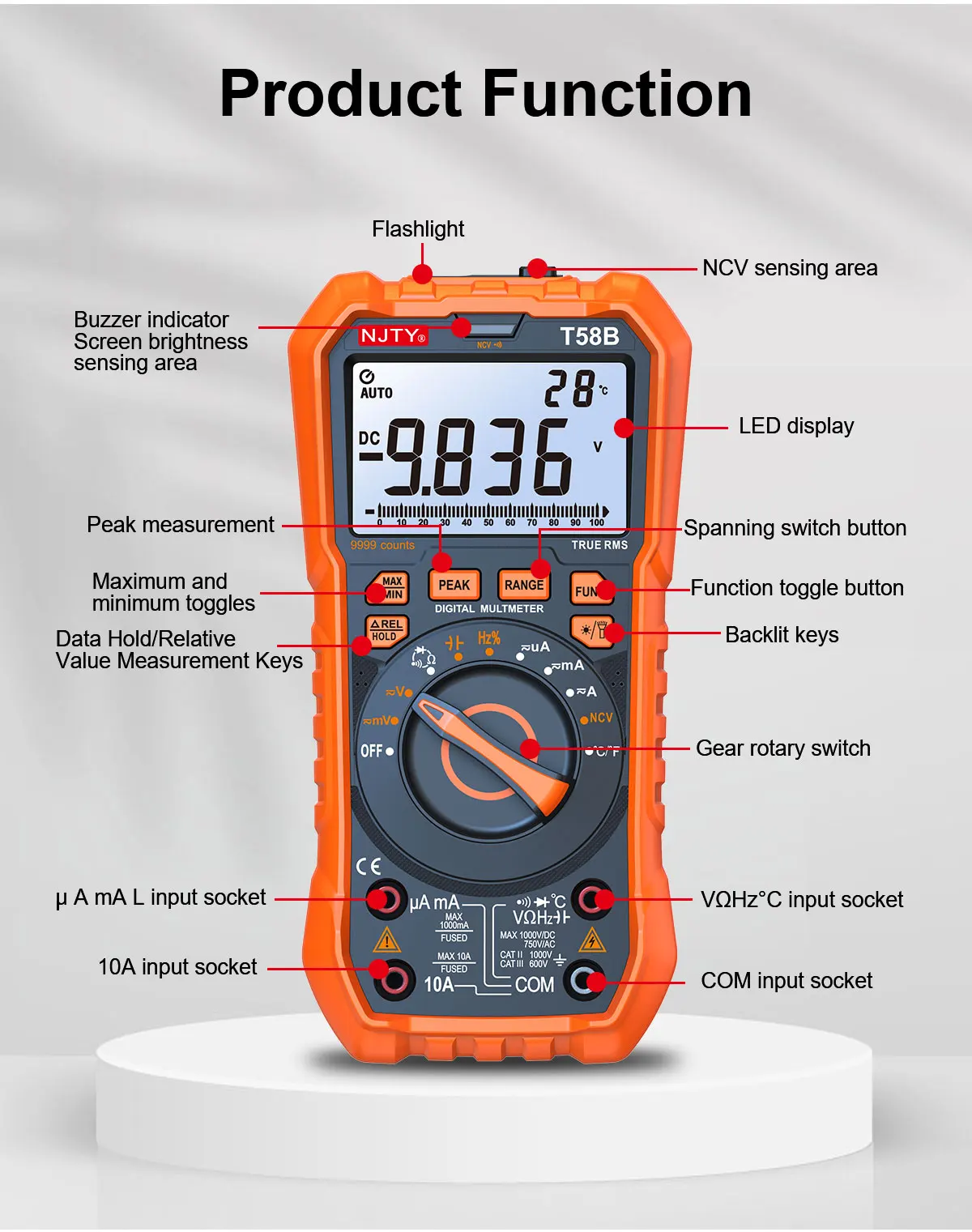 NJTY T58B T58C Induktivitäts-Digitalmultimeter, automatischer Bereich 9999 Zählungen, Spannung, Strom, Kapazität, LED, intelligente Hintergrundbeleuchtung, großer Bildschirm – Detail 14