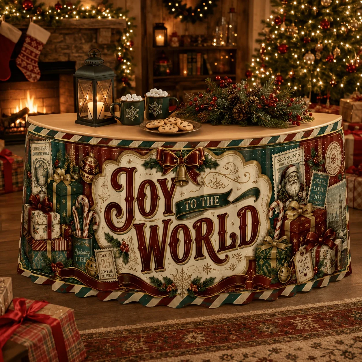 Polyester vintage table skirt, Merry Christmas, Christmas gift box, Candy stick, Gardenia decoration, Seal, Globexzj