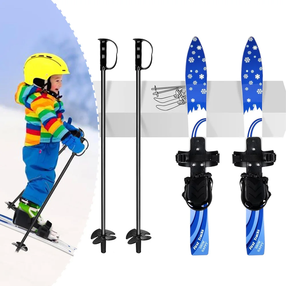 Beginner Snow Skis and Poles with Bindings, Low-Resistant Ski Boards for Age 2-8, Sturdy and Safe Kids, Skiing Equipment