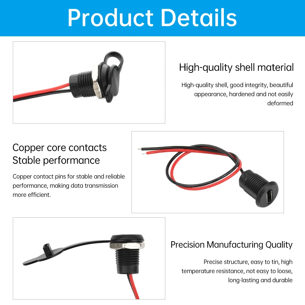 Cable USB tipo c de 2 pines, conector impermeable, base hembra de compresión directa, interfaz de carga con soldadura
