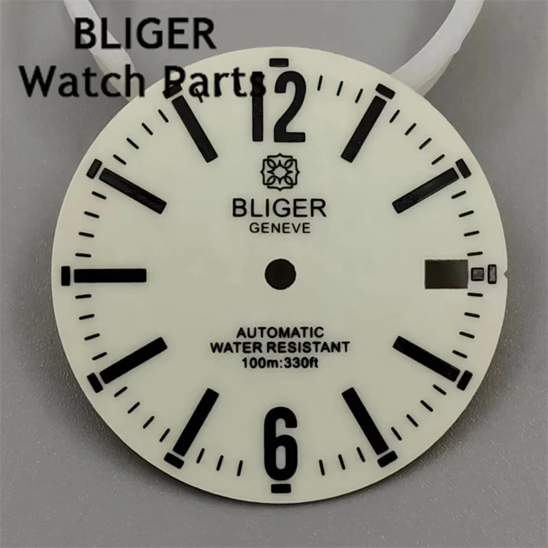 BLIGER 29mm off-white green watch dial fit NH35 NH36 movement fit 3 o\'clock crown 3.8 o\'clock crown Green luminous