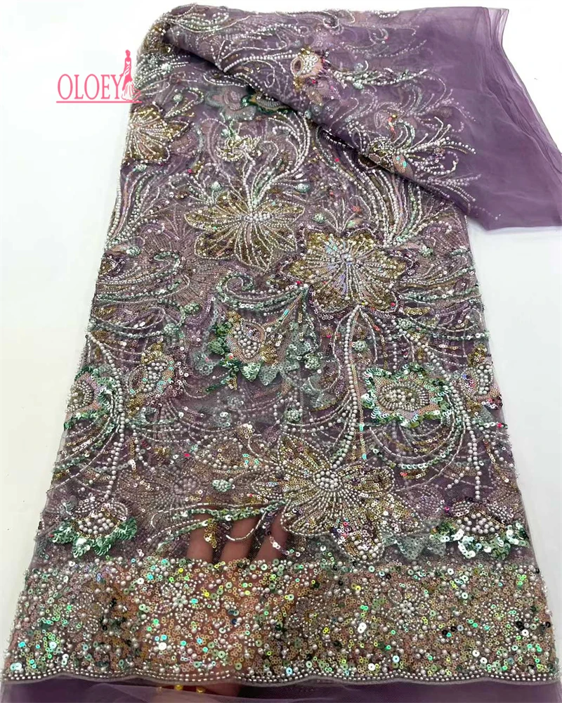 OLOEY Luxury African Sequins Beaded Lace Fabric High Quality Groom Nigerian Wedding Bridal Embroidery French Tulle Sewing