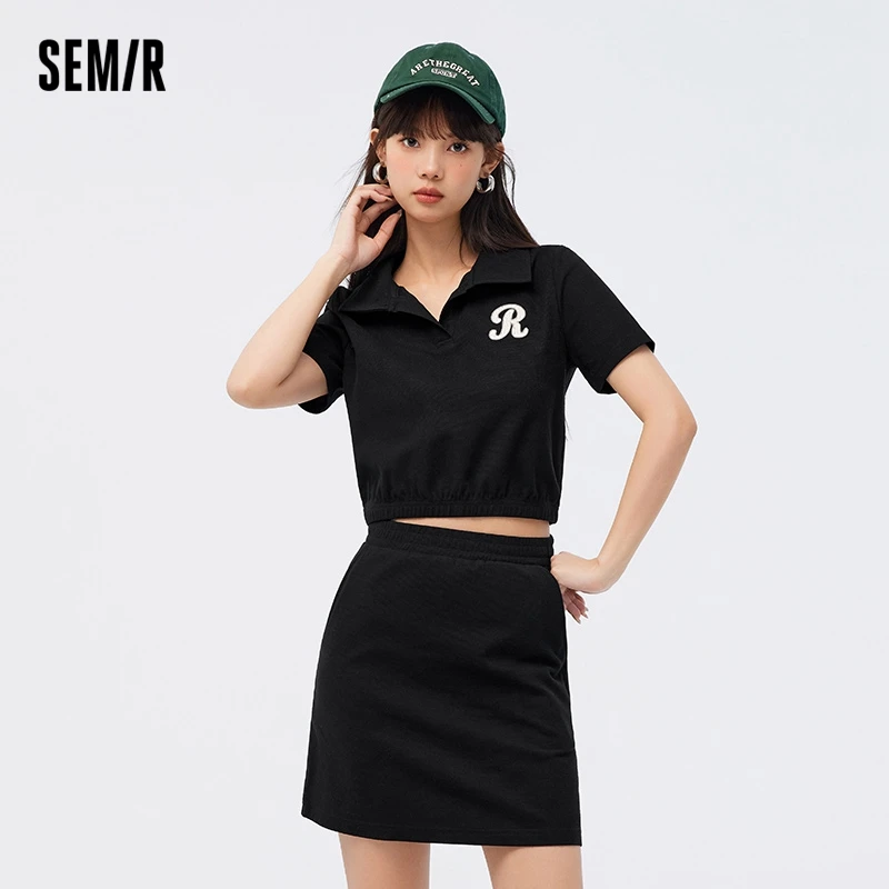 Semir Set Women Polo Neck Embroidered Top Elastic Waist Skirt 2024 Summer New Waffle Two Piece Casual Set