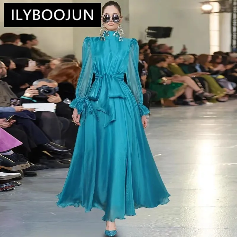 ILYBOOJUN Fashion Runway dress Winter Women Dress Stand Collar Lantern sleeve Belted Vacation Party Elegant Dresses