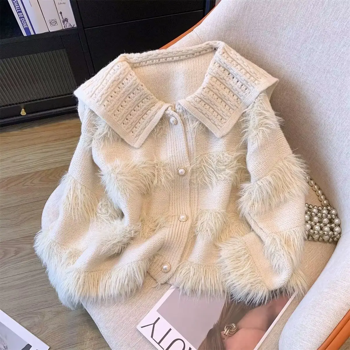 Doll Collar Imitation Mink Hair Stitching Sweater Coat Luxury Senior Heavy Women'S Autumn Winter Contrast Knitted Cardigan Coat