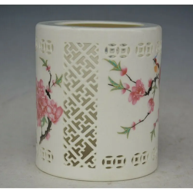 Chinese Porcelain Flowers Birds Pen Pencil Vase Brush Pot Pen Container