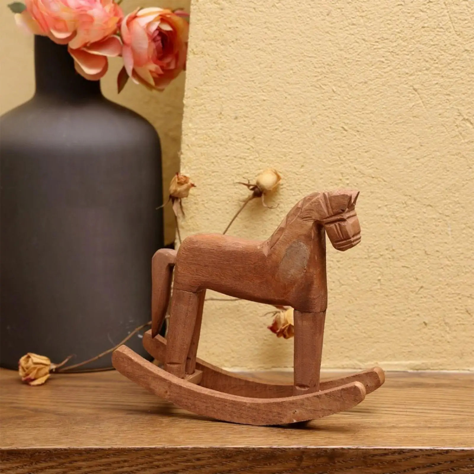 

Horse Statues Home Decor Wooden Rocking Horse Decor Hand-carved Desktop Art Crafts For Kids Cowboy-Themed Room Bookshelf Wedding