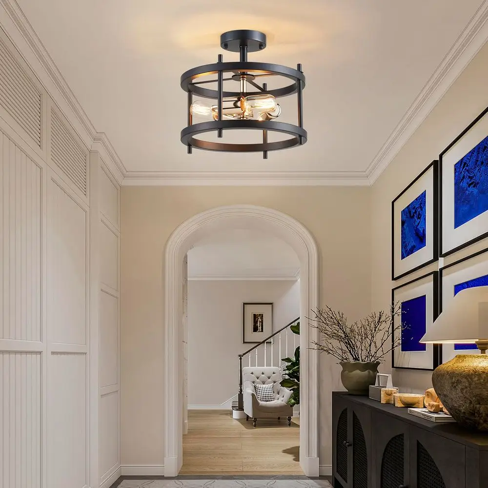 Afbeelding 7: Mossi industriële zwarte plafondlamp met gouden accenten, 3-lichts semi-inbouw plafondlamp, moderne vintage E27 Chand