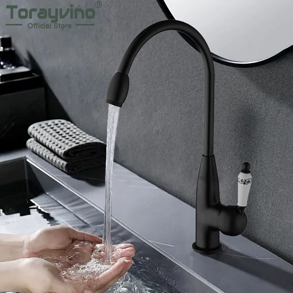 Torayvino Bathroom Basin Faucet With Porcelain Handle Matte Black Cold Hot Water Lever Stream Mode Vanity Top Sink Faucets Set