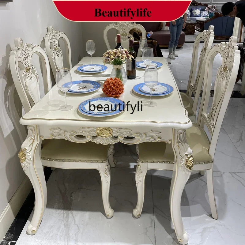 z183  European dining table and chair combination French square table rectangular solid wood carving flower pearlescent white
