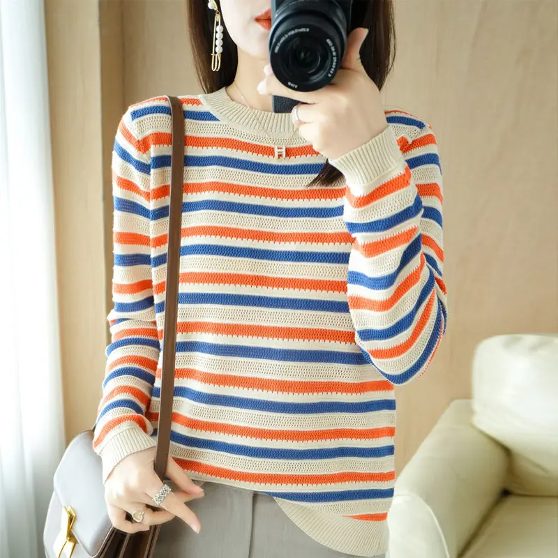 Simplicity Autumn Sweaters New Women\'s O-Neck Striped Hollow Out Contrast Color Fashion Loose Long Sleeve Pullovers Knitted Tops