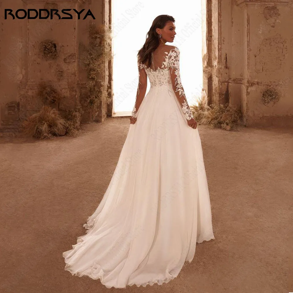 Vestido de novia de manga larga bohemio roddrsya 2024 chiffon con aplicación de botones RODDRSYA-Vestido De Novia bohemio De manga larga, traje De gasa con apliques, cuello redondo, botones en la espalda, línea A, 2024