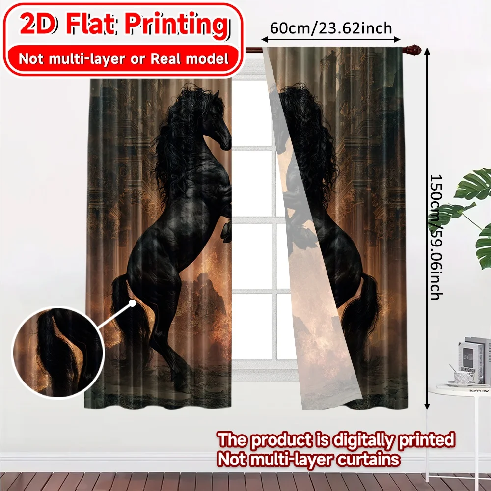 2D Flat Printing,2pcs Mirrored Stallions Creative Chic Curtains Polyester Easy Install Curtains Decorations Inside for