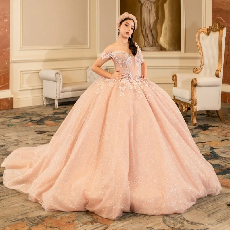 

Pink Shiny Princess Off the Shoulder Sweet 16 Dress Quinceanera Dresses Sequin Applique Lace Beads Bow Tull Party Birthday Vesti