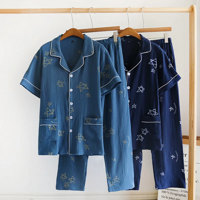 

2024 Japanese New Spring/Summer Men's Pajama Set 100% Cotton Crepe Short Sleeve Long Pants Set Large Relaxed Casual Homewear