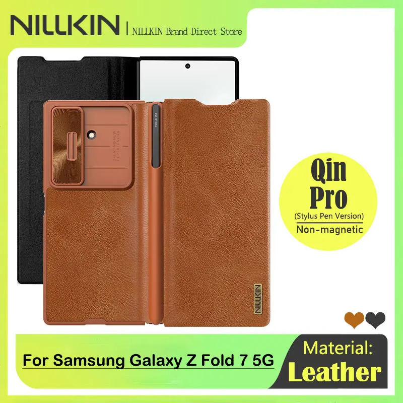 

For Samsung Galaxy Z Fold 7 5G, NILLKIN Leather Case Stylus Pen Version, Detachable Holder + Card Slot, Glazing CD Lens Cover