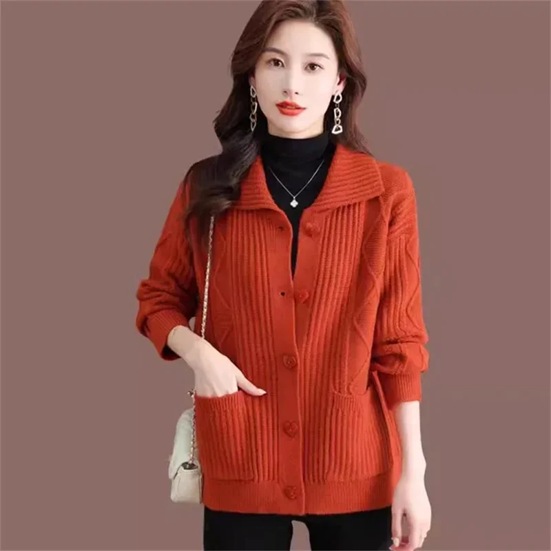 Maglione Cardigan lavorato a maglia con colletto rovesciato primavera autunno 2024 nuovo maglione Casual a maniche lunghe giacche maglieria femminile top