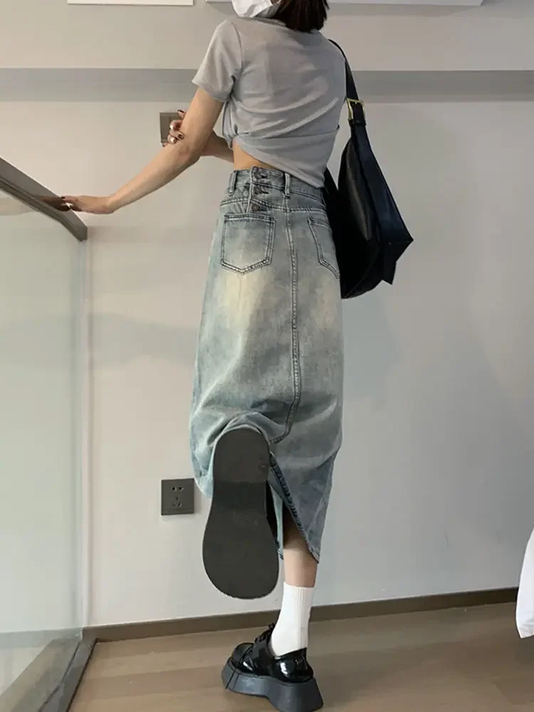 التنانير ذات الشق الأمامي للسيدات تصميم الدنيم ميدي ريترو عالية الخصر أنيقة على شكل حرف a كل مباراة مزاجه غير رسمي موضة الكورية نمط Faldas