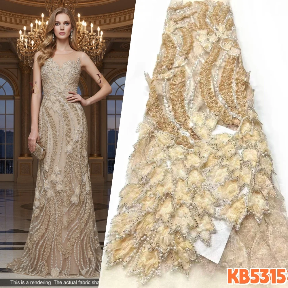 

African Lace Fabric 1 Yard High Quality 2026 Sequins Bridal Lace Fabric Gold Champagne Beaded Lace Trim Fabric For Sewing KB5315