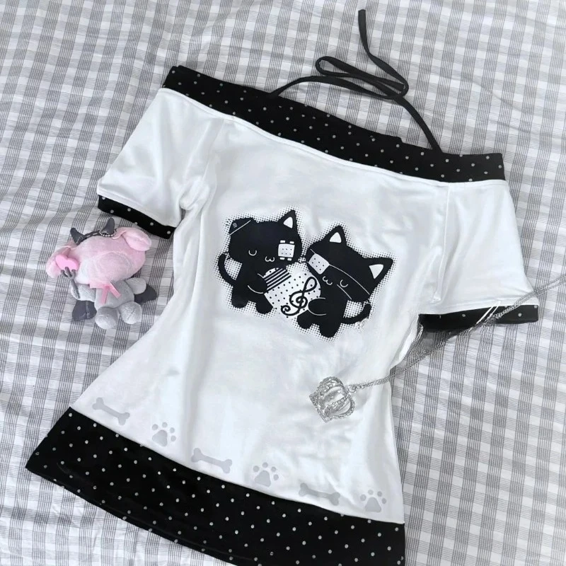 Y2k Fake Two T-Shirts Clothes Harajuku Streetwear Solid Sexy Tees Grunge 2000s Hanging Neck Short Sleeved Tops Aesthetic Chic