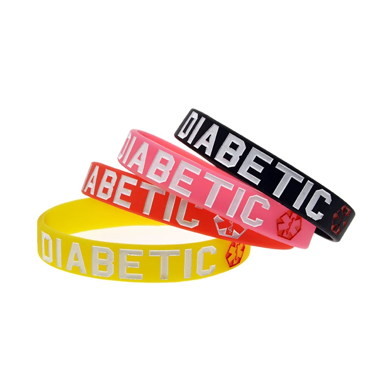 Diabetic Medical Alert ID Silicone Rubber Wristbands Adult Size 4 Pcs