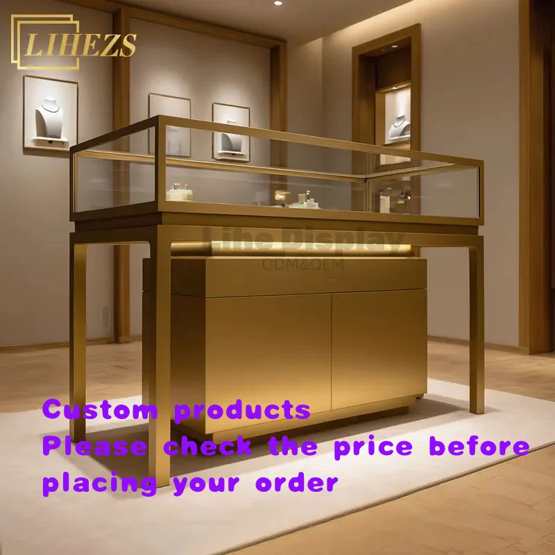 custom.Custom Trendy Stainless Steel Furniture Led Lighting Wooden Lockable Glass Jewelry Shop Showcase Jewellery Display