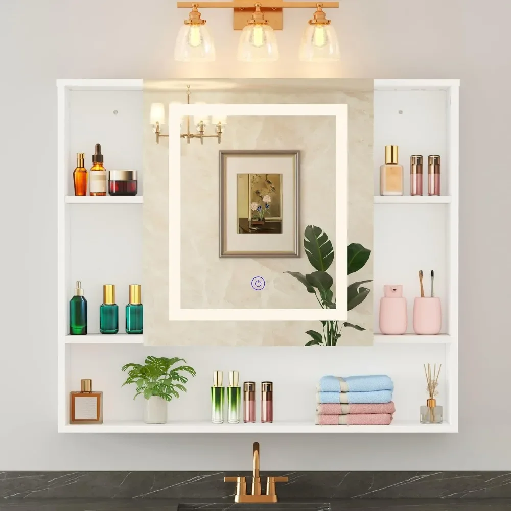 LED light medicine cabinet mirror with single door surface wall mounted bathroom storage cabinet farmhouse bathroom cabinet