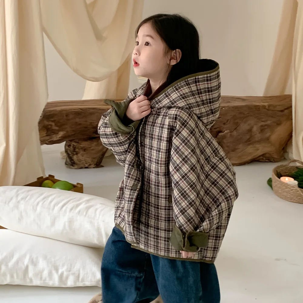 

Children's winter coat for baby girls, Korean version checkered hooded cotton jacket, children's casual versatile thick cotton j