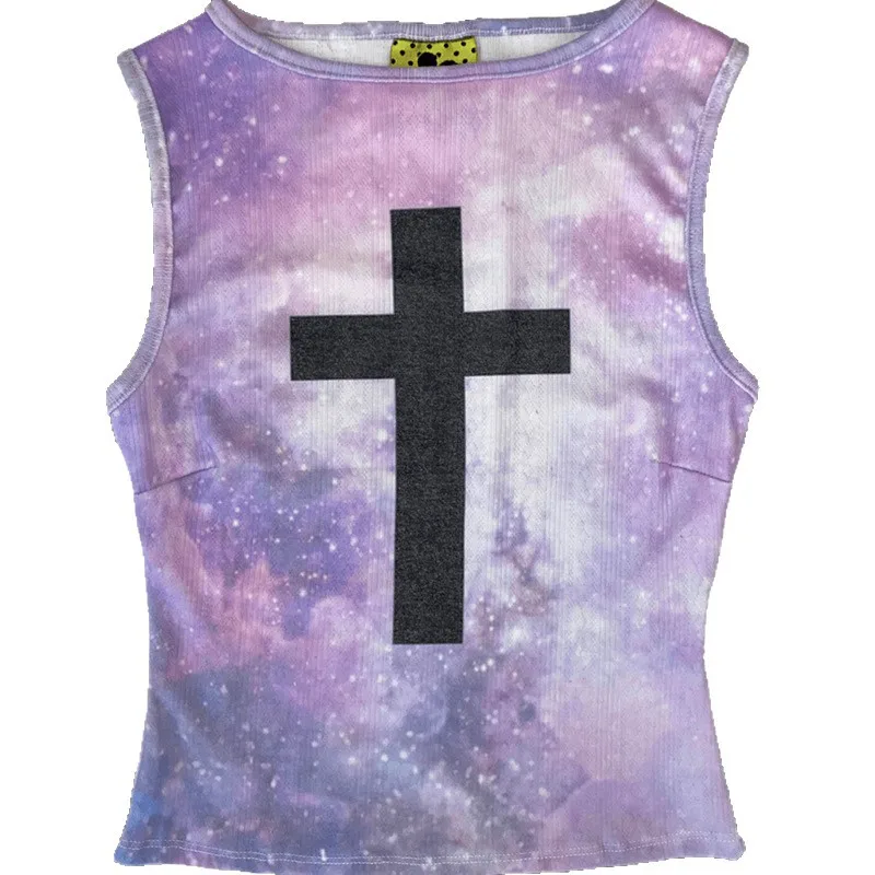 Y2K Retro Vest Nebula Cross Print Sleeveless Slim Fit for American and European Street Style