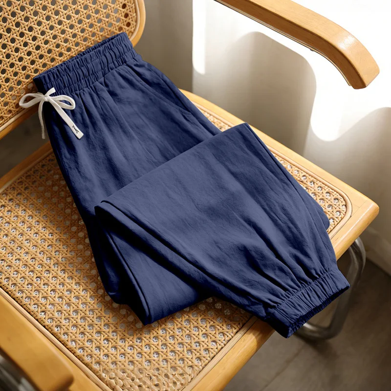 Europäische und amerikanische Freizeithose für Herren: Sommerliche Strand-Leinenhose in Übergröße mit Bündchen am Knöchel – Detail 16