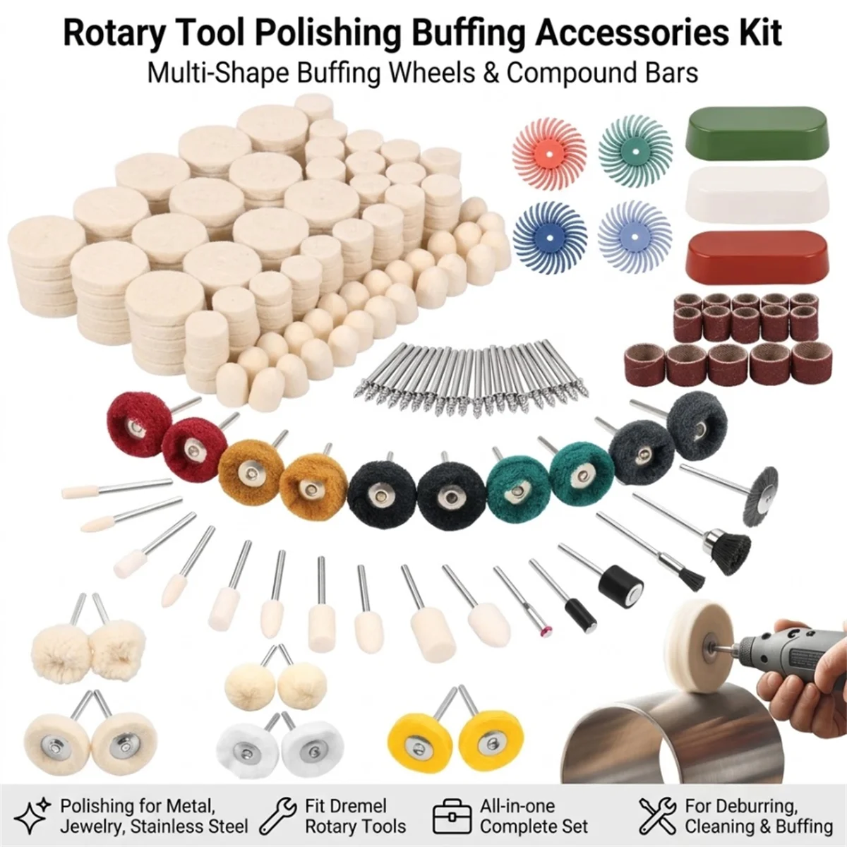 267Pcs Rotary Tool Accessories Kit Wool Felt Polishing Buffing Wheel Sanding Bands Grinding Bits For Jewelry Watch Metal Glass