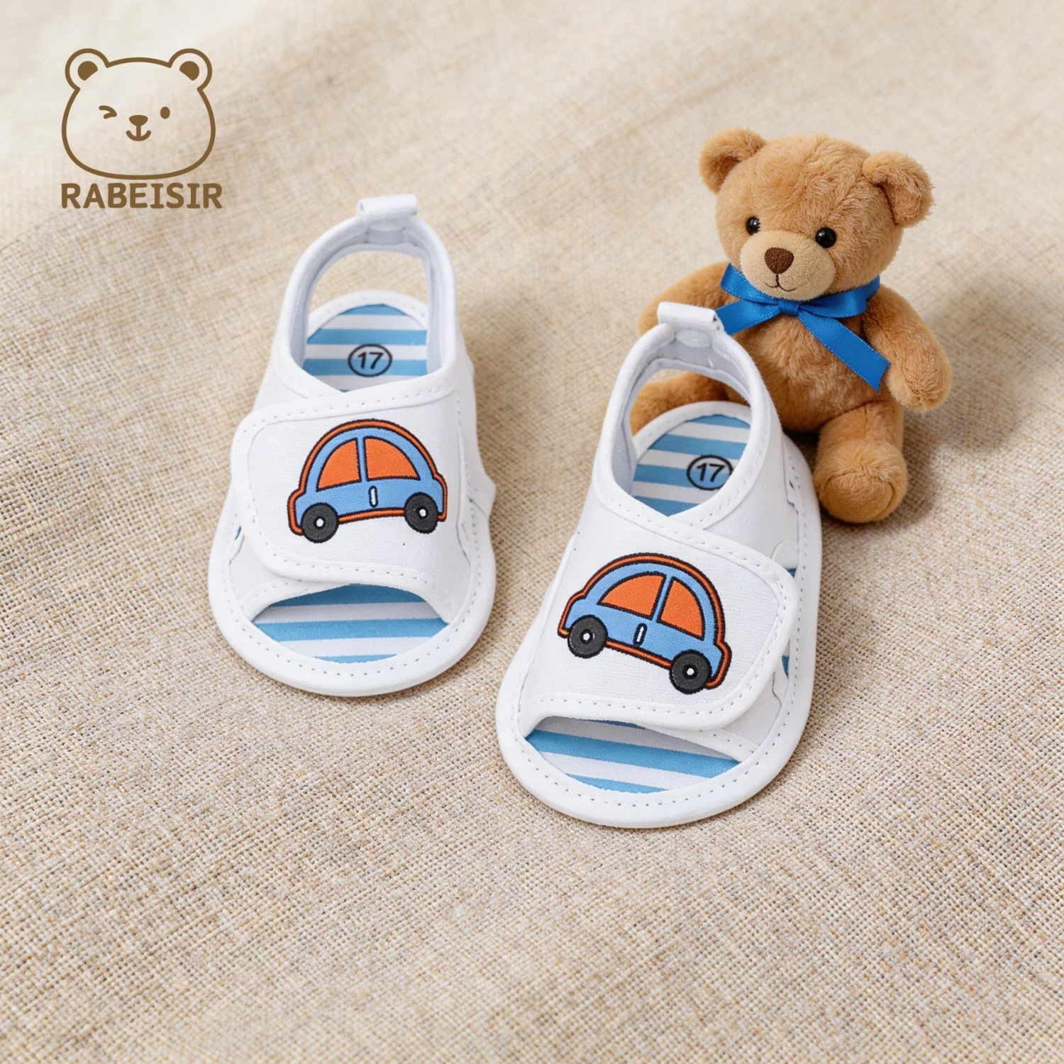 Cute Car Print Baby Sandals Breathable Open‑Toe Soft Sole Hook Loop Toddler Boys First Walkers Crib Shoes