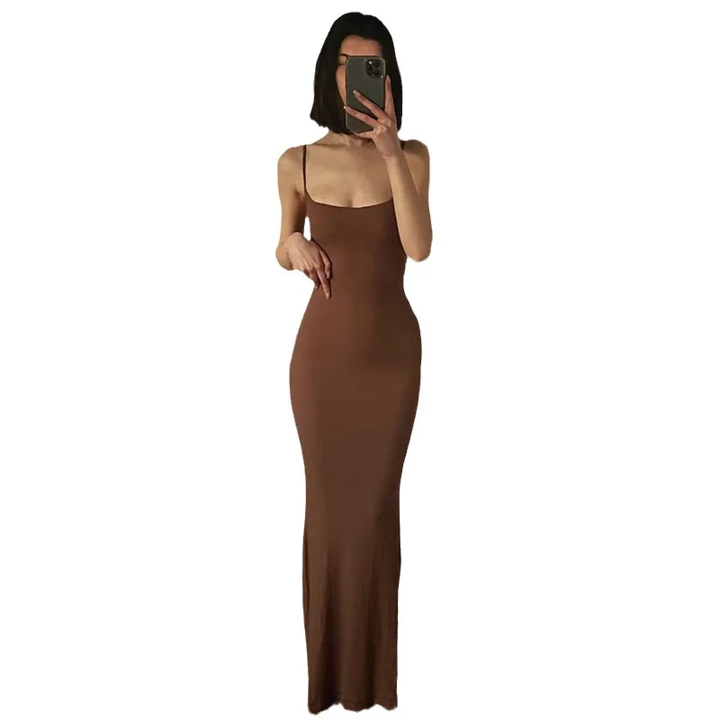 2024 Damen lässig Lounge Slip langes Kleid sexy ärmellose rücken freie figur betonte Maxi kleider Sommer schlank elegant