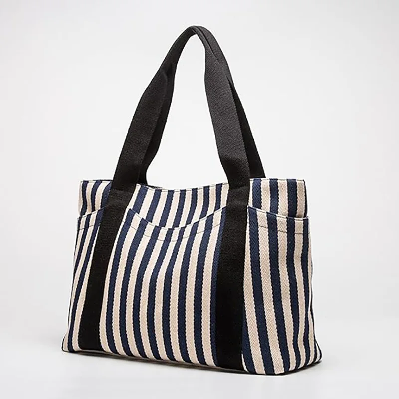 

One Shoulder Tote Bag Large Capacity Women's Thick Striped Canvas Bag Casual Fashion Color Contrast Shoulder Bag