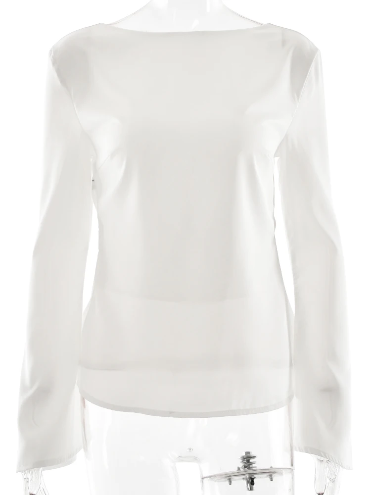 Oniflyme Flare Sleeve Backless Satin T-shirt Women Fashion Solid Round Neck Slim Tee Top Female Autumn Streetwear Bascis T Shirt