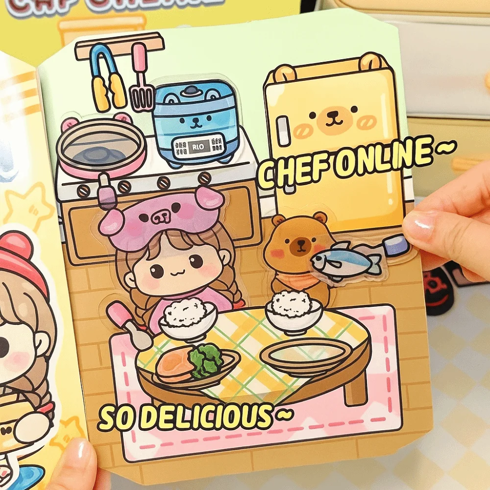 

Новая тихая книга с героями мультфильмов для DIY головоломки, моющиеся сцены, материалы для коллажей, штабелирование визуальных миниатюрных сцен, наклейки для детей