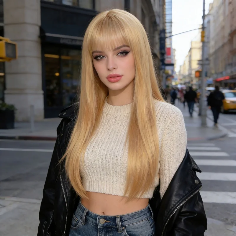 

Черный длинный прямой парик с челкой для женщин, элегантный парик из высокотемпературного волокна для похудения лица