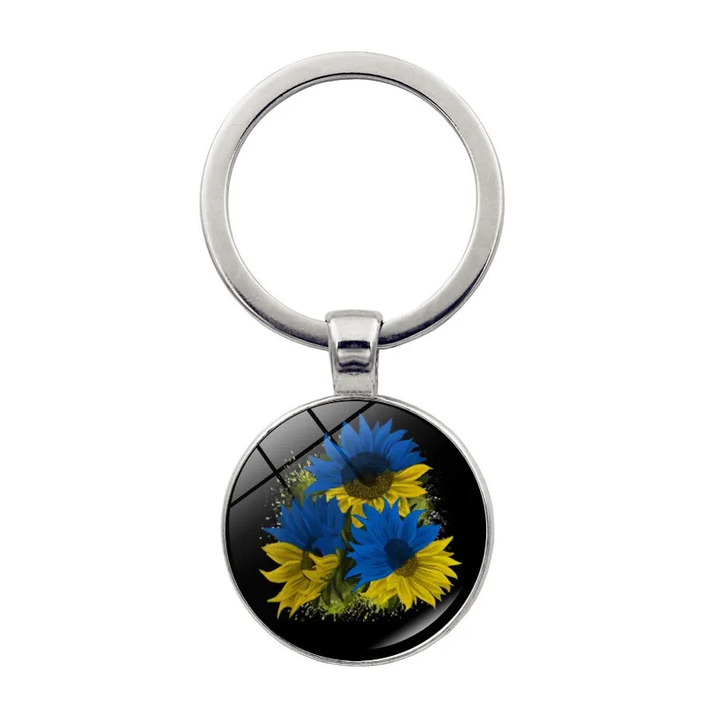 Popular Jewelry Ukrainian Element Alloy Keychain Dome Glass Yellow Blue Sunflower Pattern Classic Gift