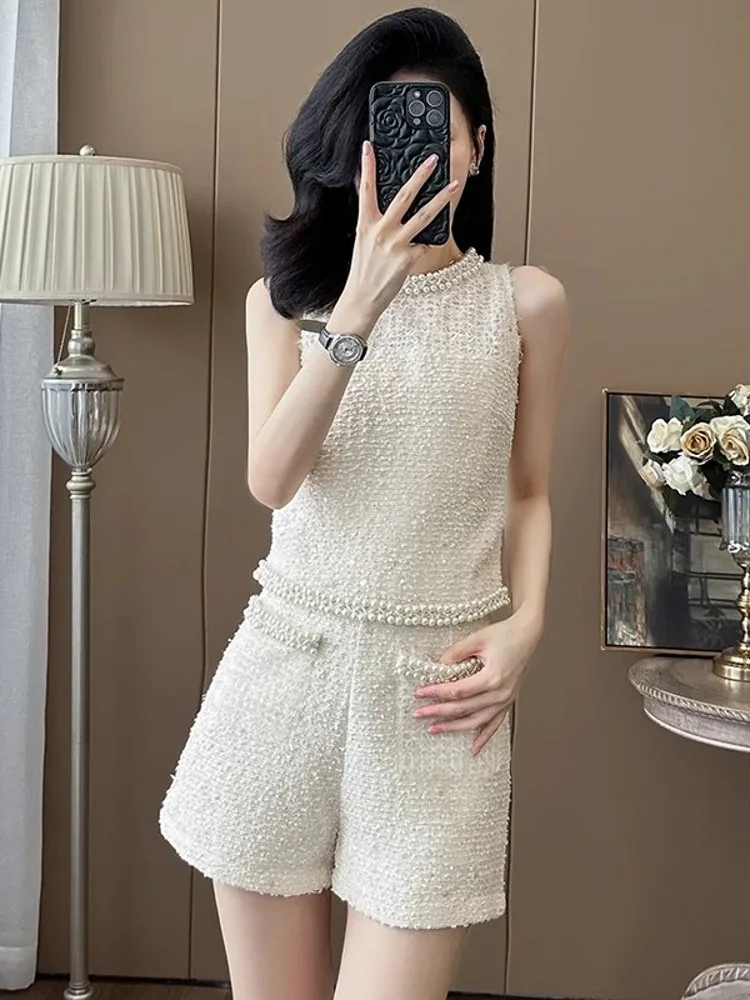 Summer Designer Women Pearls Beading Sleeveless Tank Tops Shorts Two Piece Set Slim Fit Sweet Ladies Matching Sets Party Outfits