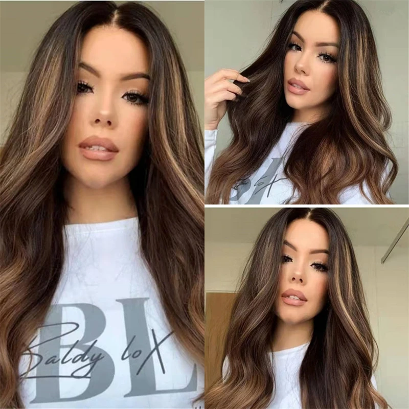 

Выделите Ombre Медово-коричневые волосы Парики спереди на шнуровке Высококачественные синтетические парики Женский парик 28-дюймовые длинные объемные волны Парики цвета омбре