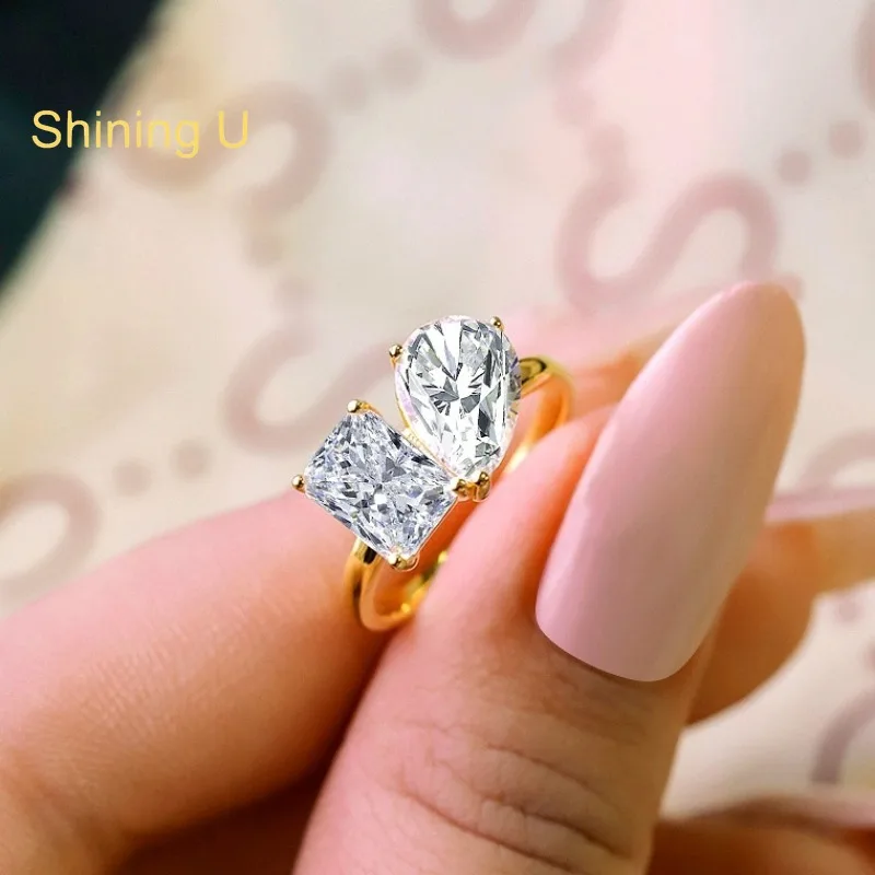 Shining U 925 Sterling Silver 4CT D Color Moissanite Rectangle Pear Ring for Women Fine Jewelry Anniversary