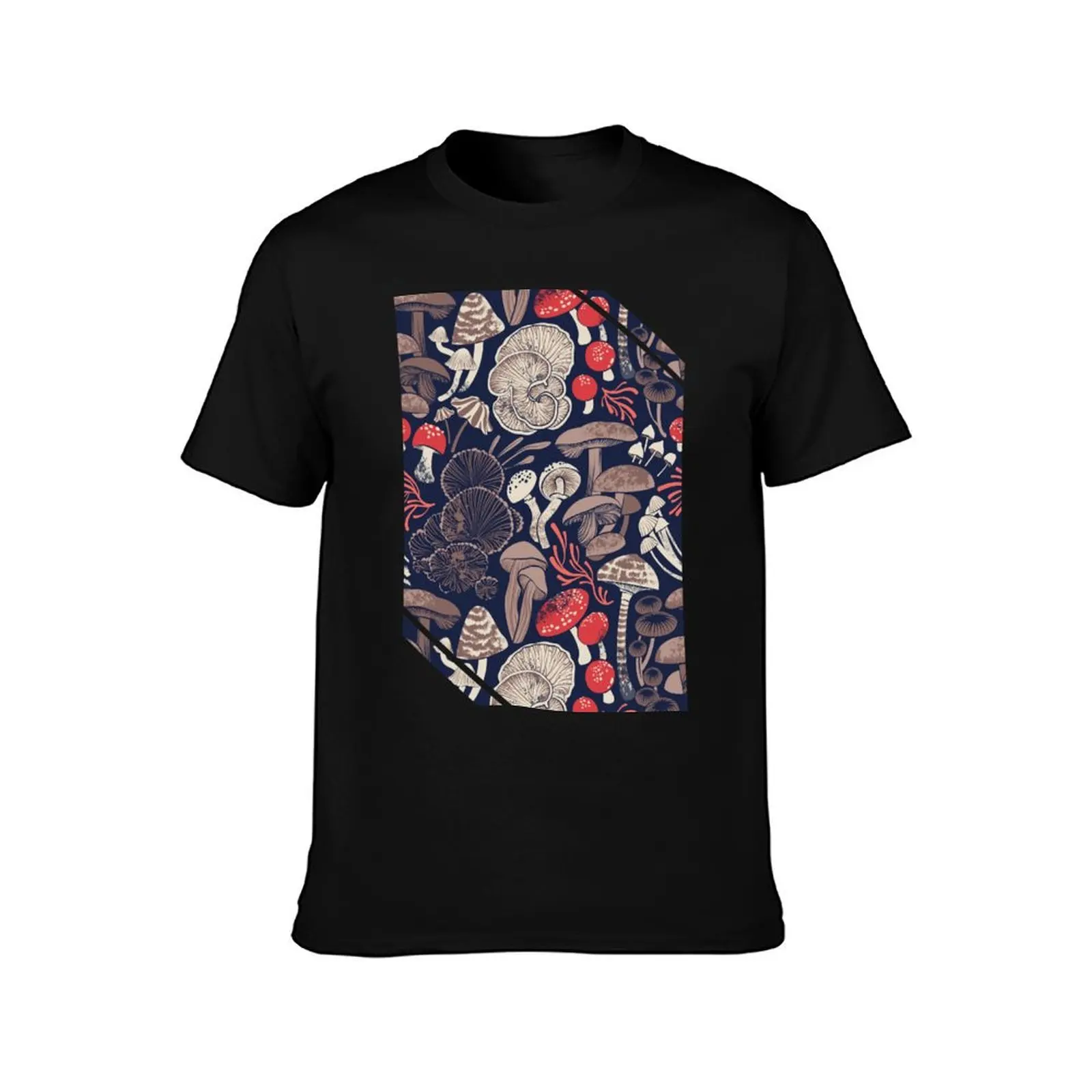 Mystical fungi // midnight blue background brown red and coral wild mushrooms T-Shirt Casual Basic Street Style T-Shirt