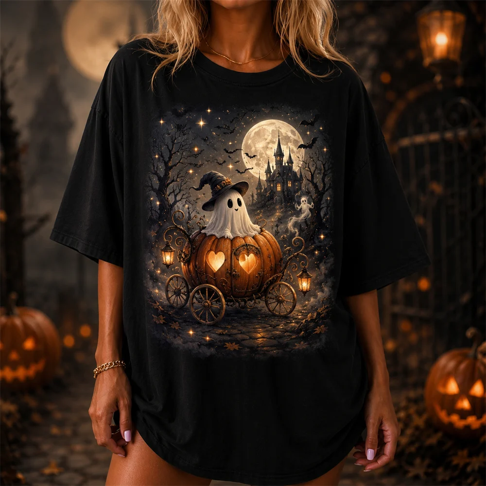 Halloween T-shirt With Printed Horror Castle And Cemetery Design Loose Short Sleeve T Shirts Holiday Street Style Essentials Hot