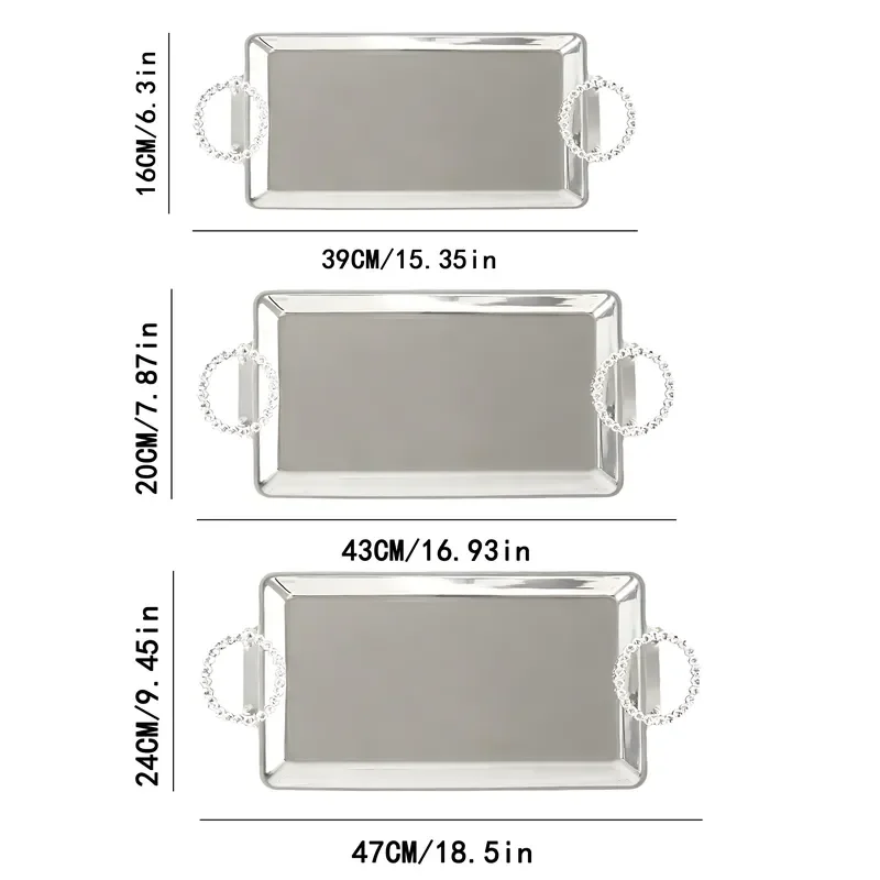 Modern Luxury Silver Stainless Steel Tray with Handle for Ramadan 2026 Home Decor Elegant Serving Platter for Living Room
