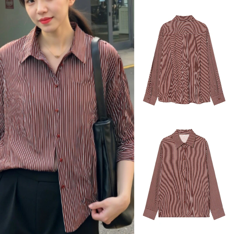 

High-Street Casual Women's Silk Striped Shirt for Autumn/Winter New Collection 2025