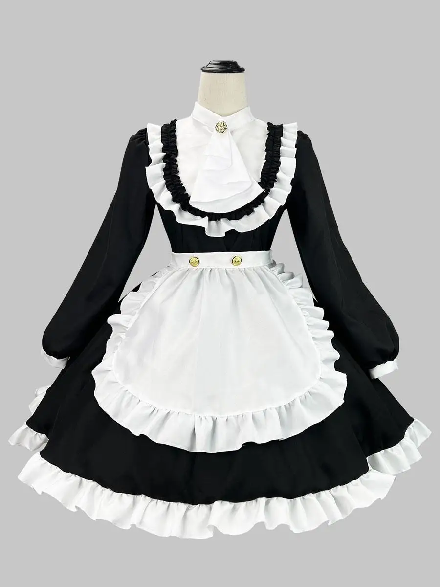 

Black Maid Lolita Dress with Ruffles, Long Sleeves, and Double Buckles