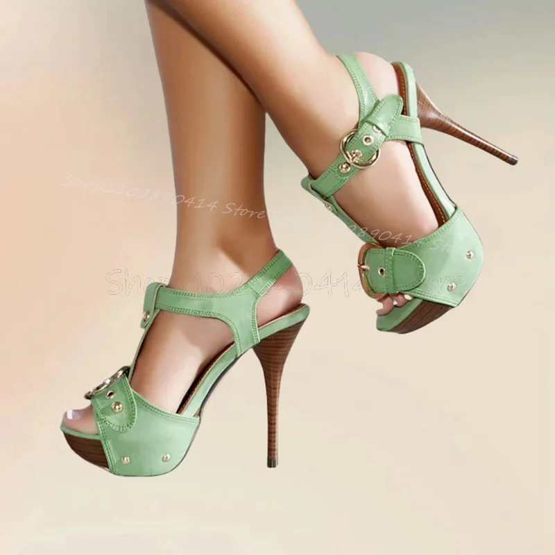 

Green Buckle Rivets Wooden Heel Platform Sandals Ankle Buckle Strap Women Shoes Thin High Heels Novel 2025 Zapatos Para Mujere